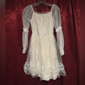 Sheer Lace Long-Sleeve Mini Dress in Ivory